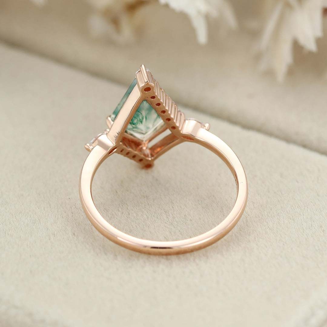 14K Rose Gold Engagement Ring Kite Cut Natural Moss Agate Ring Marquise Diamond Ring Women's Anniversary Gift
