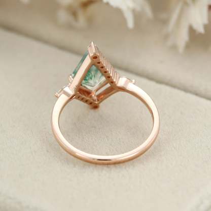 14K Rose Gold Engagement Ring Kite Cut Natural Moss Agate Ring Marquise Diamond Ring Women's Anniversary Gift