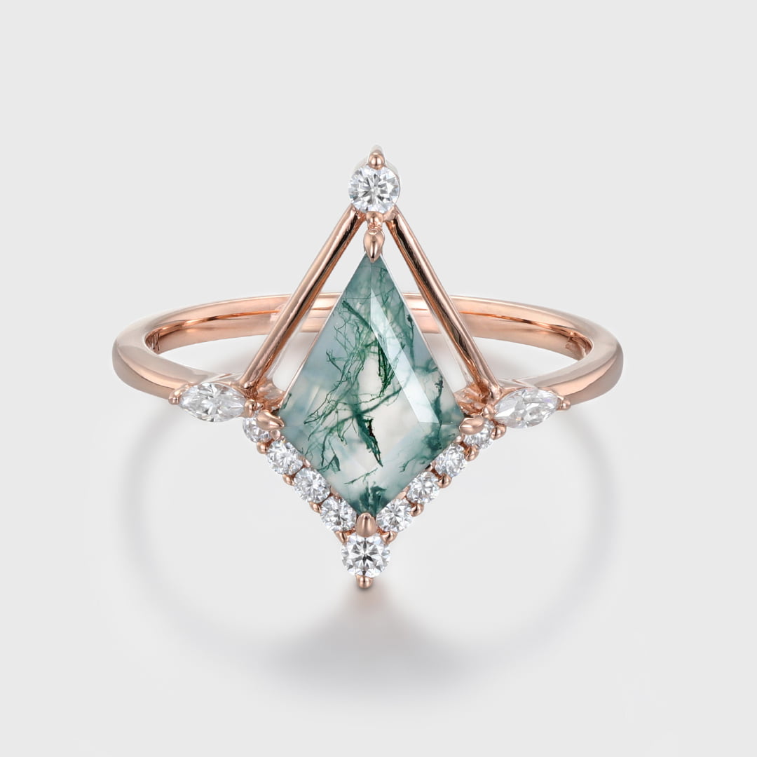 14K Rose Gold Kite Cut Natural Moss Agate Engagement Ring Marquise Diamond Wedding Ring Promise Anniversary Gift For Women