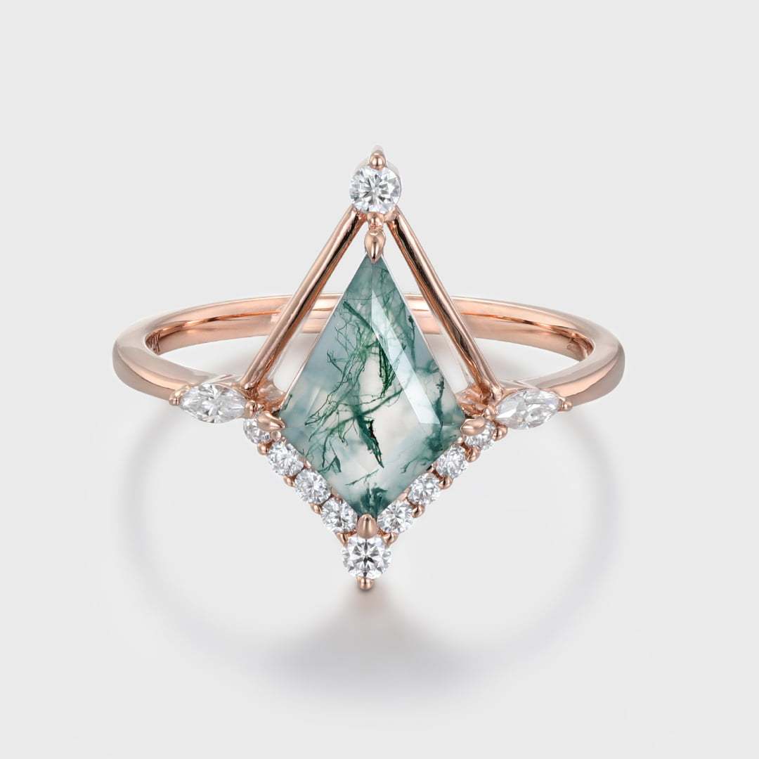 14K Rose Gold Kite Cut Natural Moss Agate Engagement Ring Marquise Diamond Wedding Ring Promise Anniversary Gift For Women