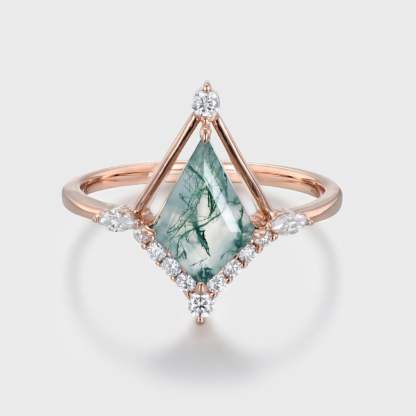 14K Rose Gold Kite Cut Natural Moss Agate Engagement Ring Marquise Diamond Wedding Ring Promise Anniversary Gift For Women