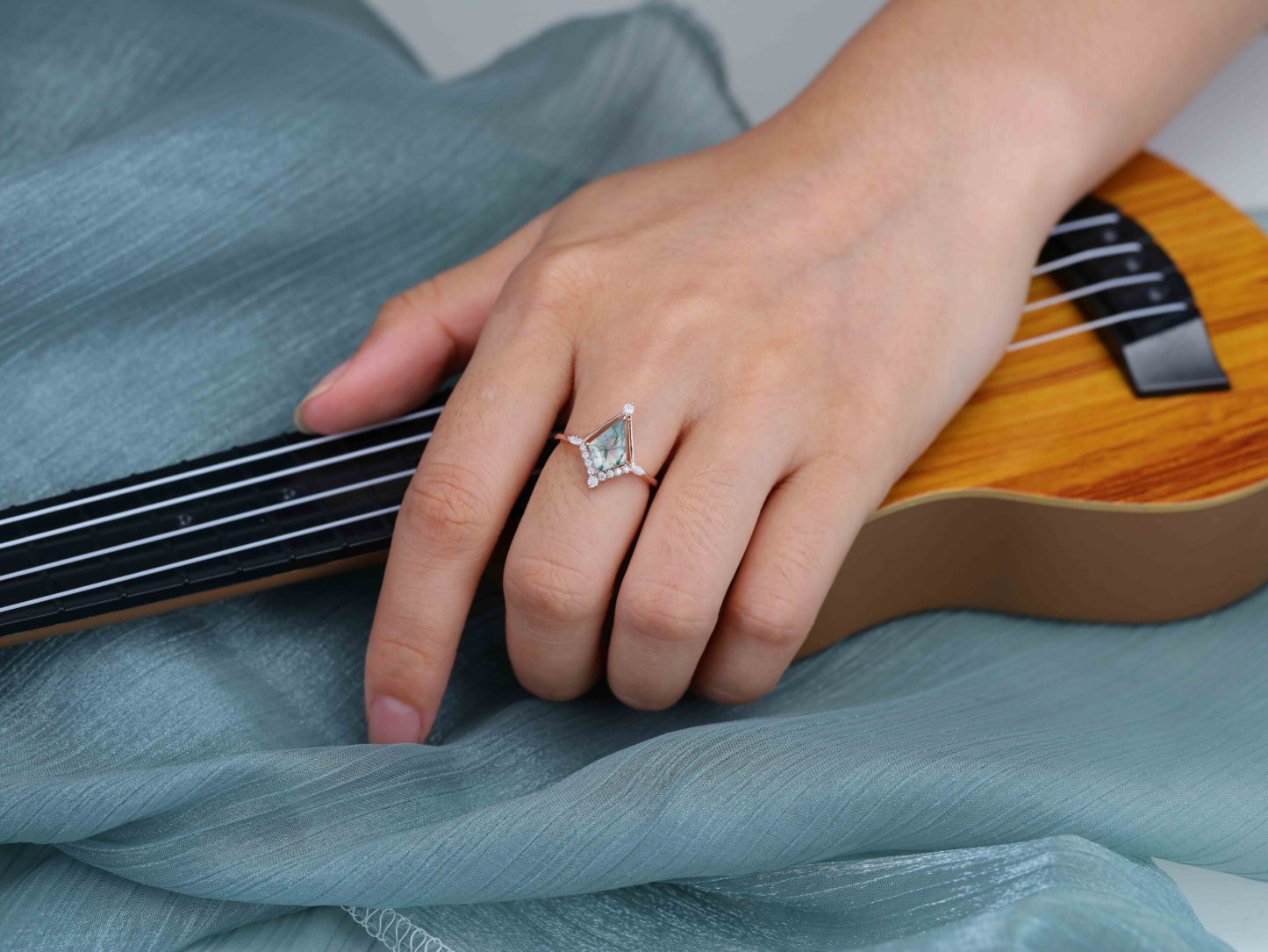 14K Rose Gold Kite Cut Natural Moss Agate Engagement Ring Marquise Diamond Wedding Ring Promise Anniversary Gift For Women
