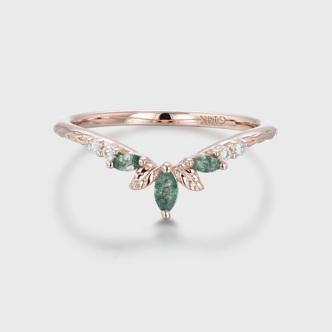 14K Rose Gold Moss Agate Curved Wedding Band Leaf Design Stacking Ring
