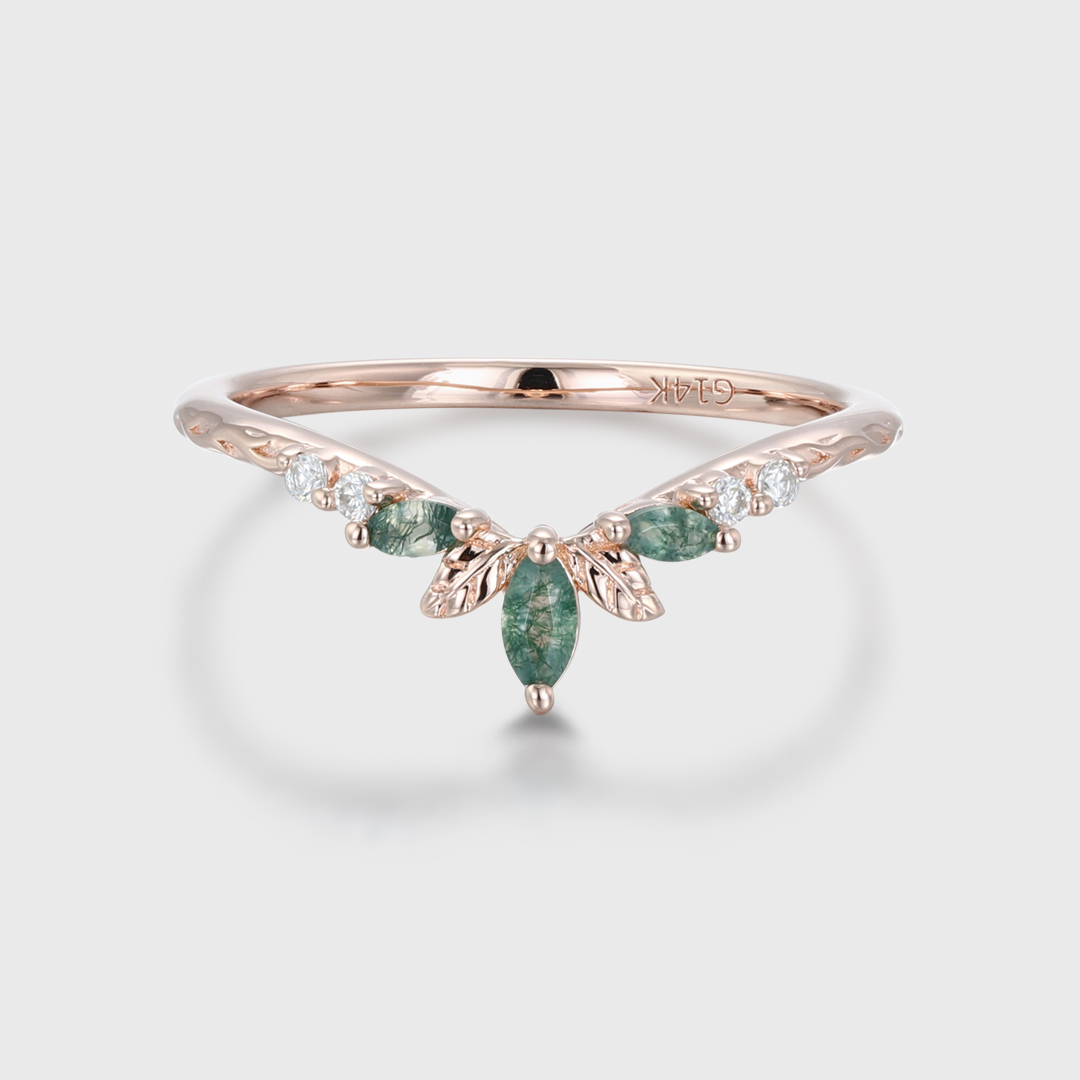 14K Rose Gold Moss Agate Curved Wedding Band Leaf Design Stacking Ring
