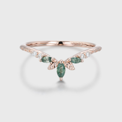 14K Rose Gold Moss Agate Curved Wedding Band Leaf Design Stacking Ring