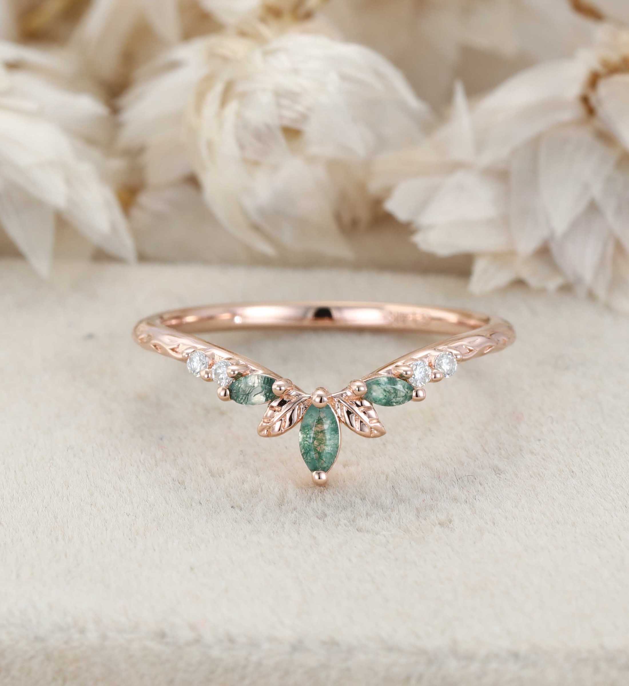 14K Rose Gold Moss Agate Curved Wedding Band Leaf Design Stacking Ring