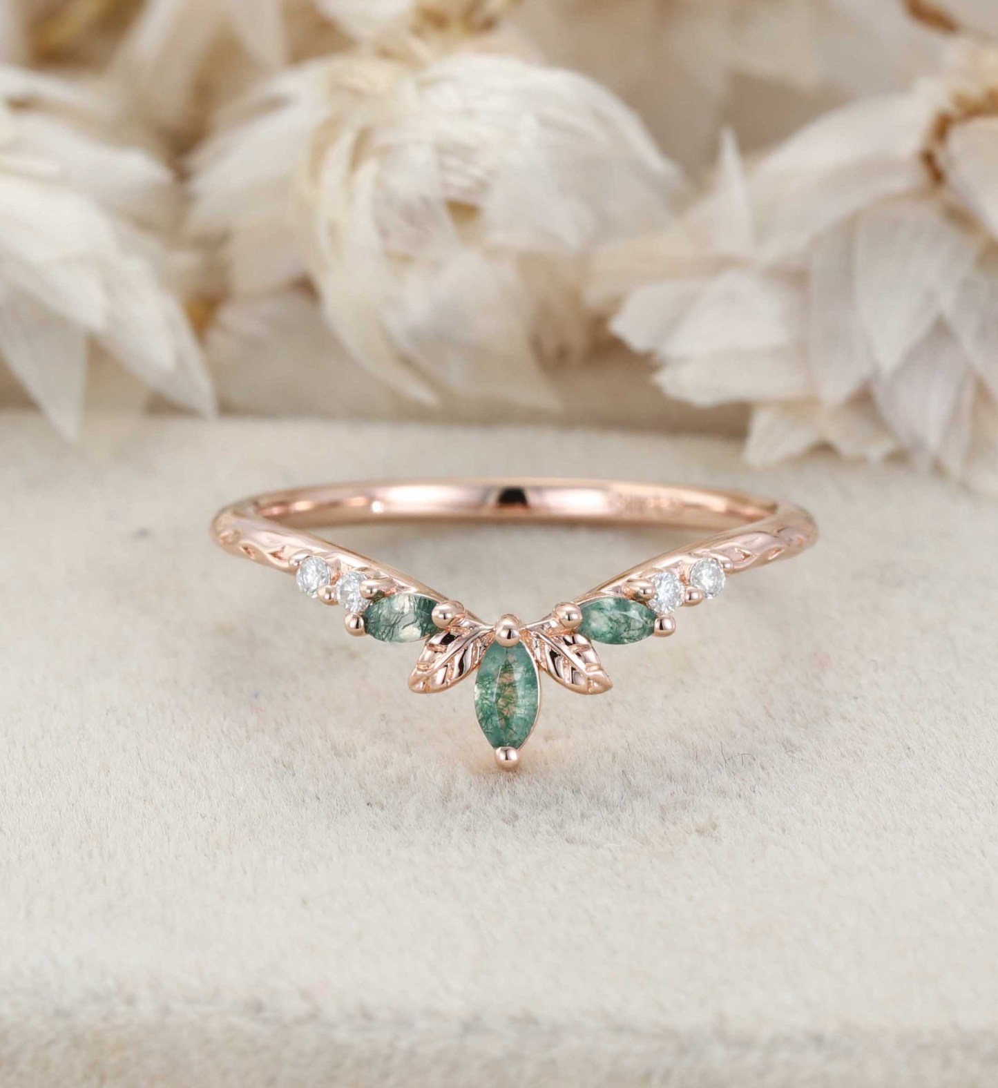 14K Rose Gold Moss Agate Curved Wedding Band Leaf Design Stacking Ring