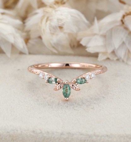 14K Rose Gold Moss Agate Curved Wedding Band Leaf Design Stacking Ring