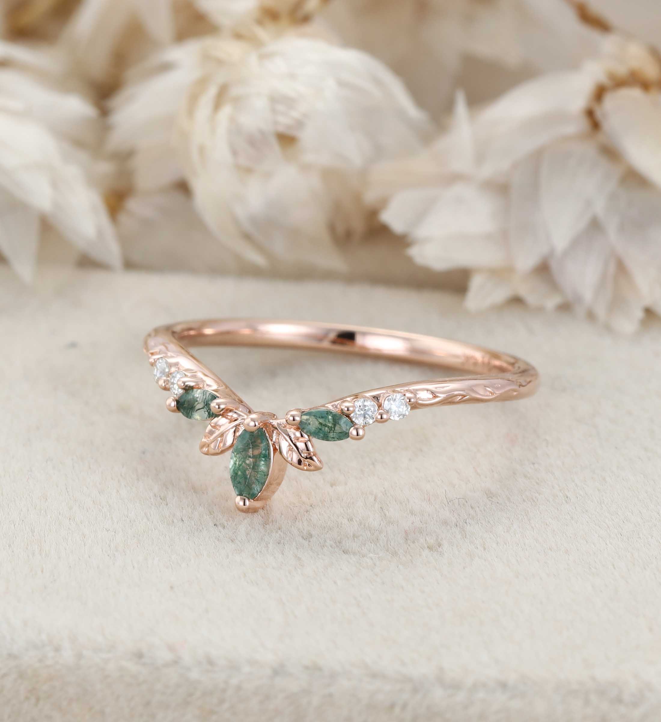 14K Rose Gold Moss Agate Curved Wedding Band Leaf Design Stacking Ring