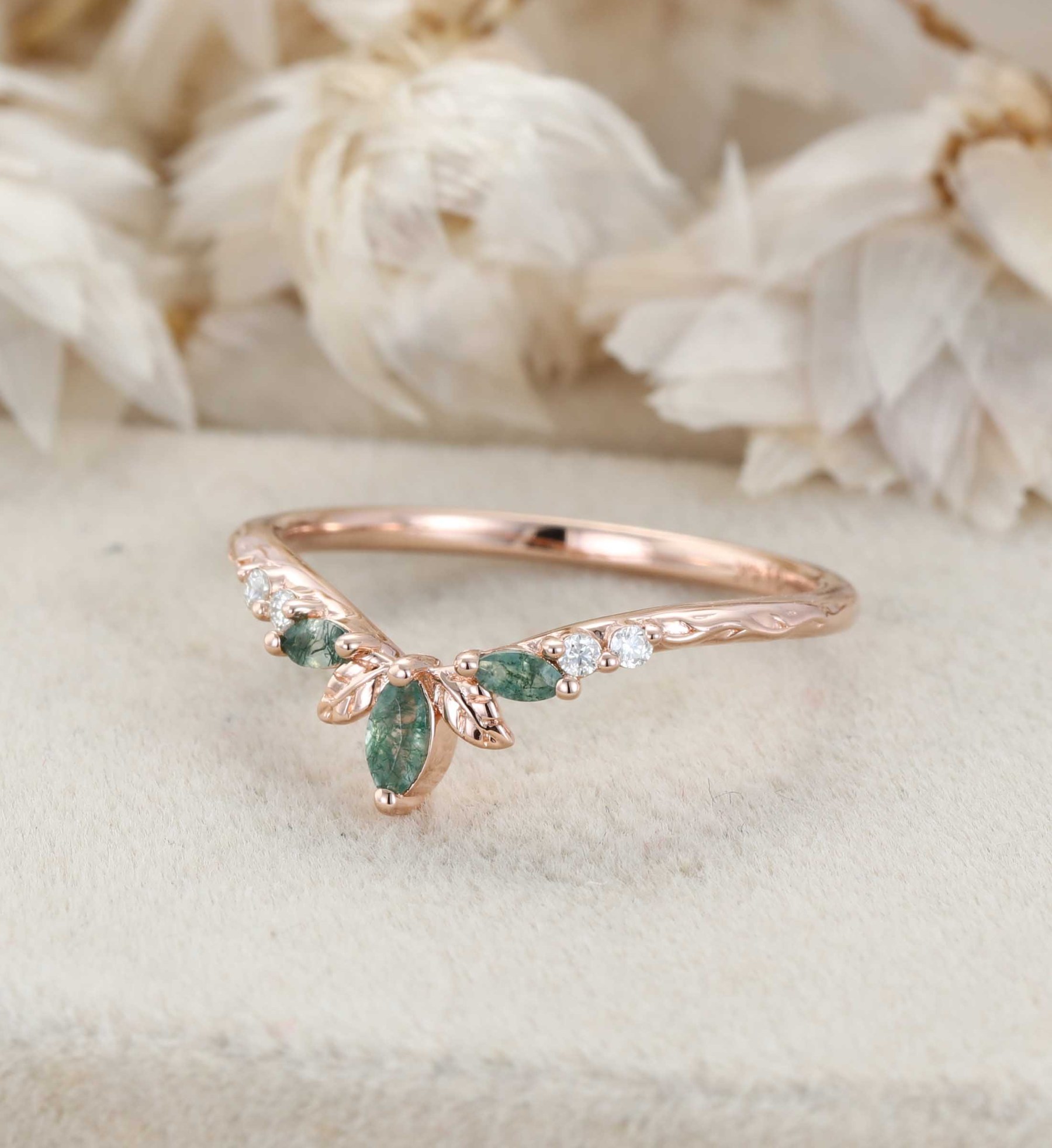14K Rose Gold Moss Agate Curved Wedding Band Leaf Design Stacking Ring