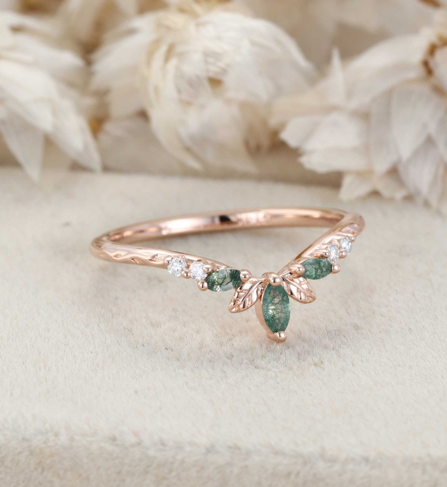 14K Rose Gold Moss Agate Curved Wedding Band Leaf Design Stacking Ring