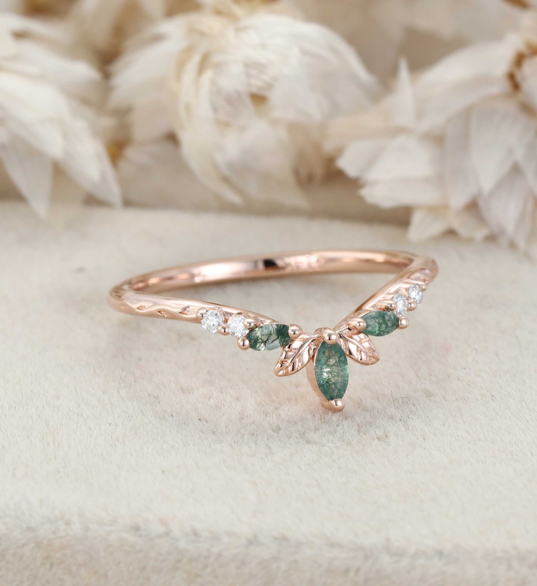 14K Rose Gold Moss Agate Curved Wedding Band Leaf Design Stacking Ring