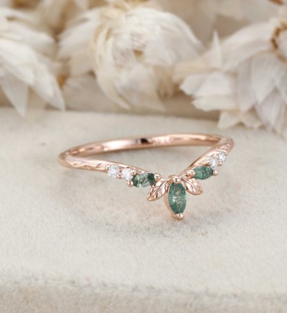 14K Rose Gold Moss Agate Curved Wedding Band Leaf Design Stacking Ring