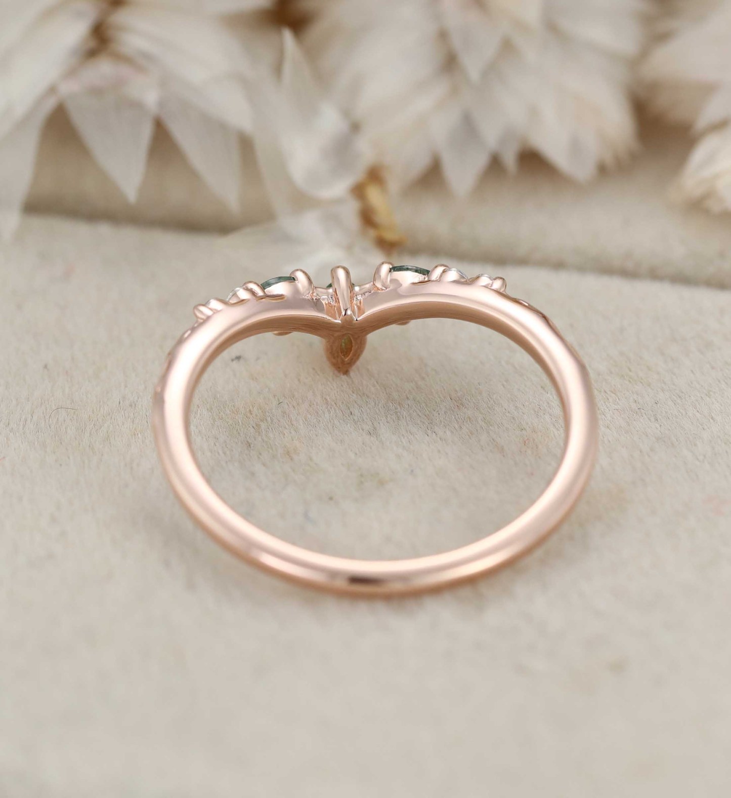 14K Rose Gold Moss Agate Curved Wedding Band Leaf Design Stacking Ring
