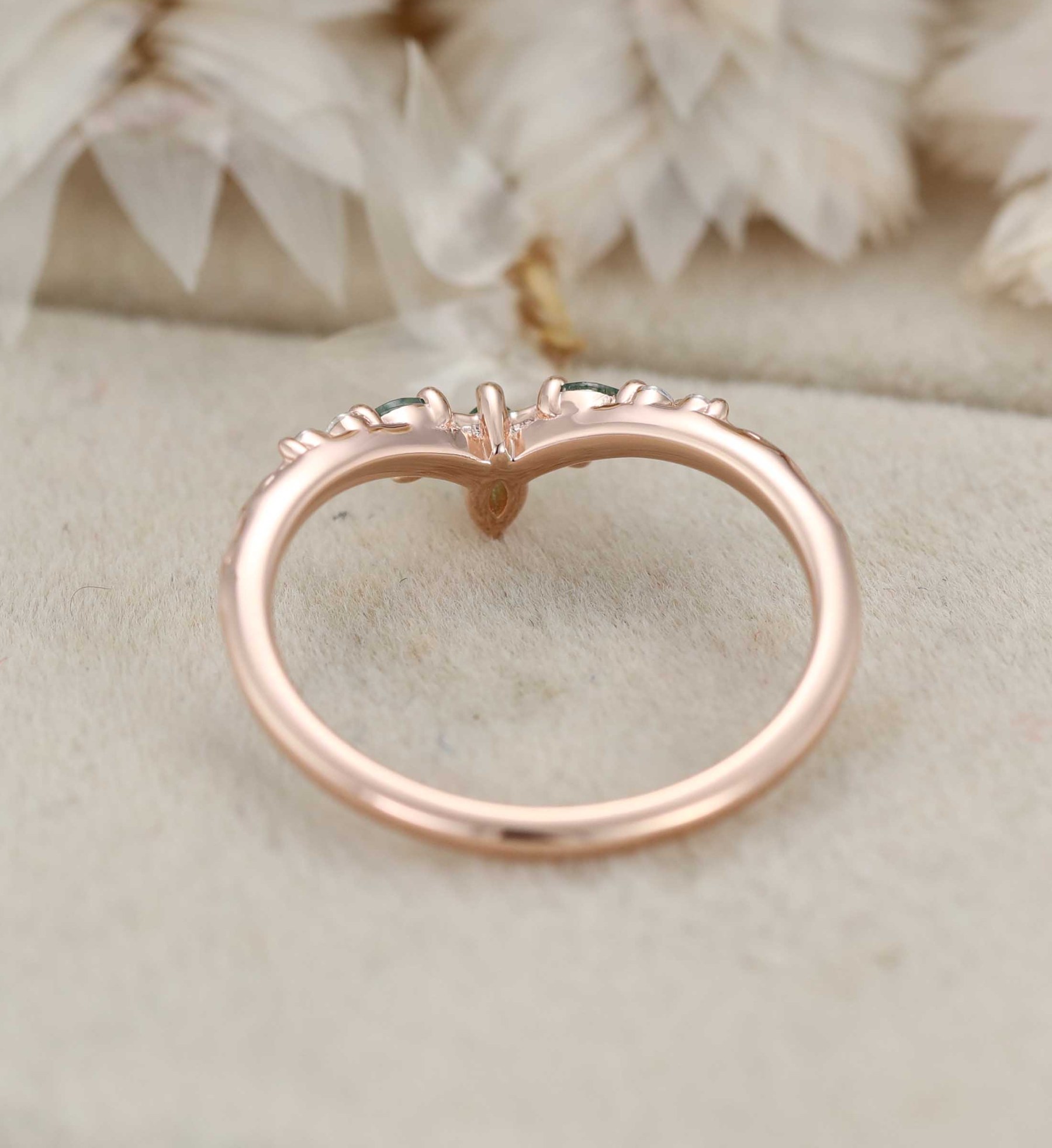 14K Rose Gold Moss Agate Curved Wedding Band Leaf Design Stacking Ring
