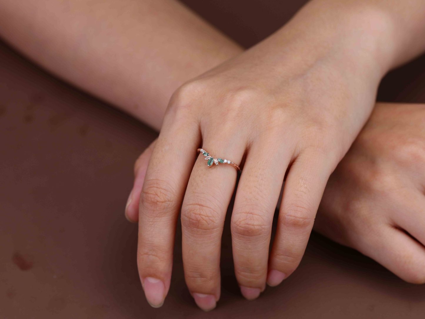 14K Rose Gold Moss Agate Curved Wedding Band Leaf Design Stacking Ring