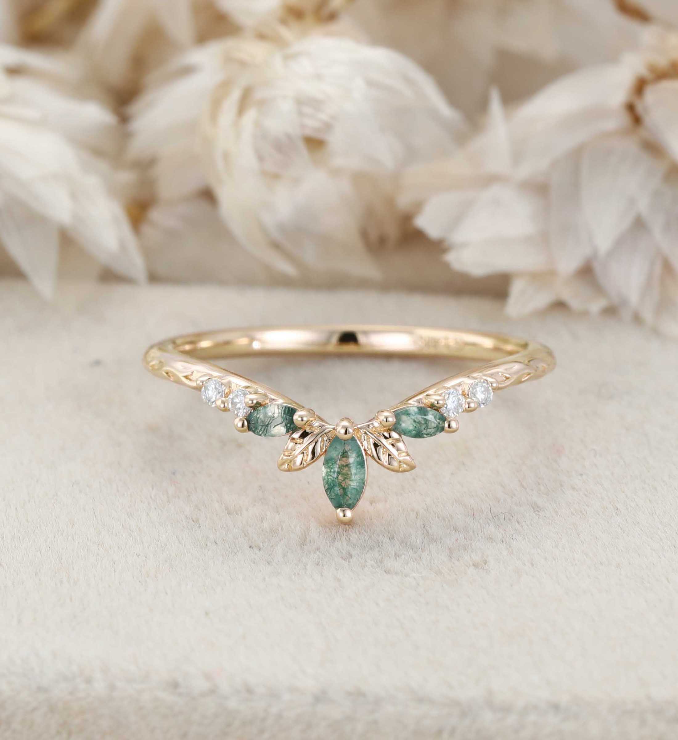 14K Rose Gold Moss Agate Curved Wedding Band Leaf Design Stacking Ring