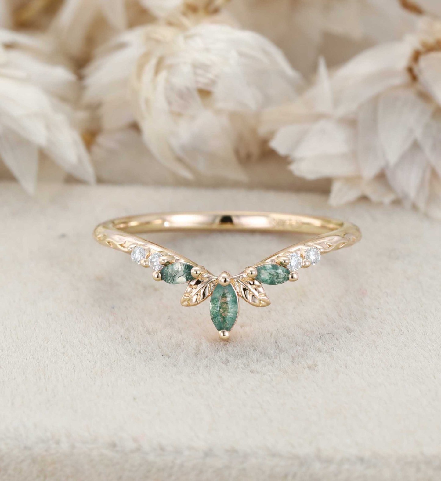 14K Rose Gold Moss Agate Curved Wedding Band Leaf Design Stacking Ring