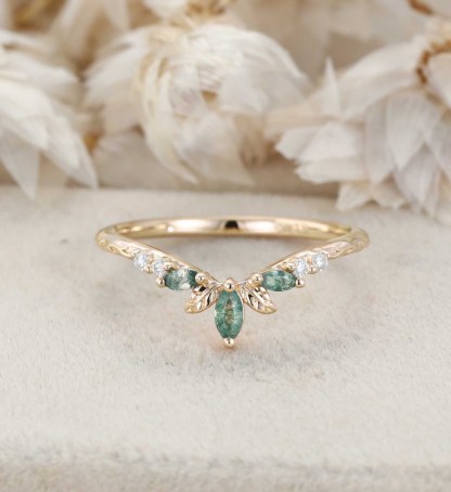 14K Rose Gold Moss Agate Curved Wedding Band Leaf Design Stacking Ring