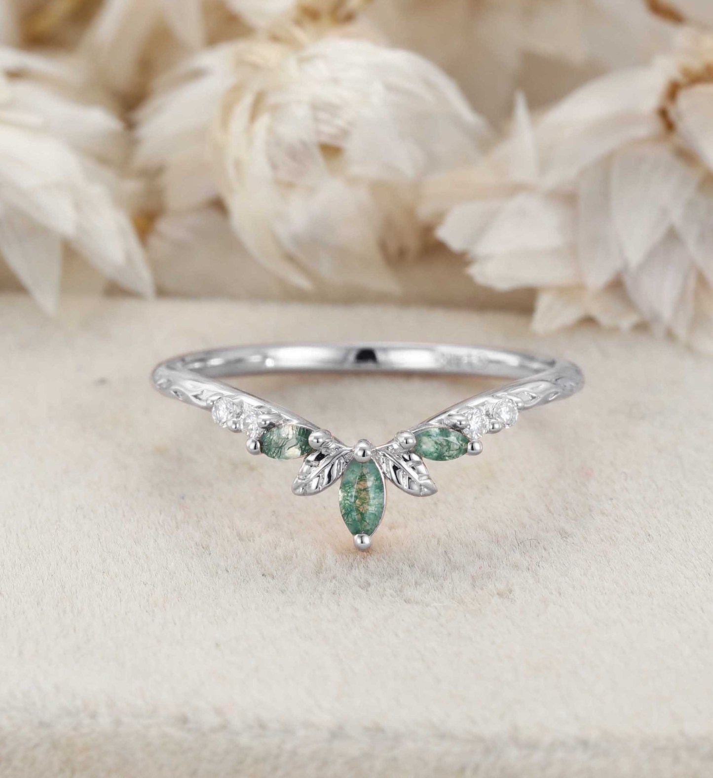 14K Rose Gold Moss Agate Curved Wedding Band Leaf Design Stacking Ring