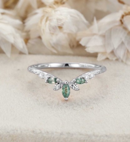 14K Rose Gold Moss Agate Curved Wedding Band Leaf Design Stacking Ring