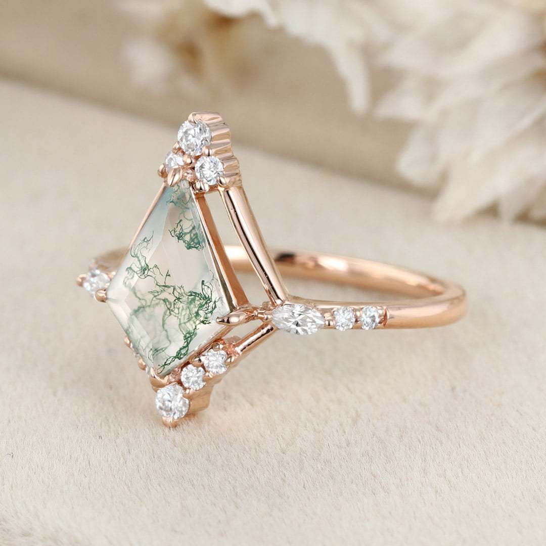 14K Rose Gold Ring Kite Cut Natural Moss Agate Engagement Ring Vintage Marquise Moissanite Ring Women's Anniversary ring for her
