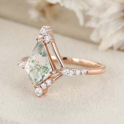 14K Rose Gold Ring Kite Cut Natural Moss Agate Engagement Ring Vintage Marquise Moissanite Ring Women's Anniversary ring for her