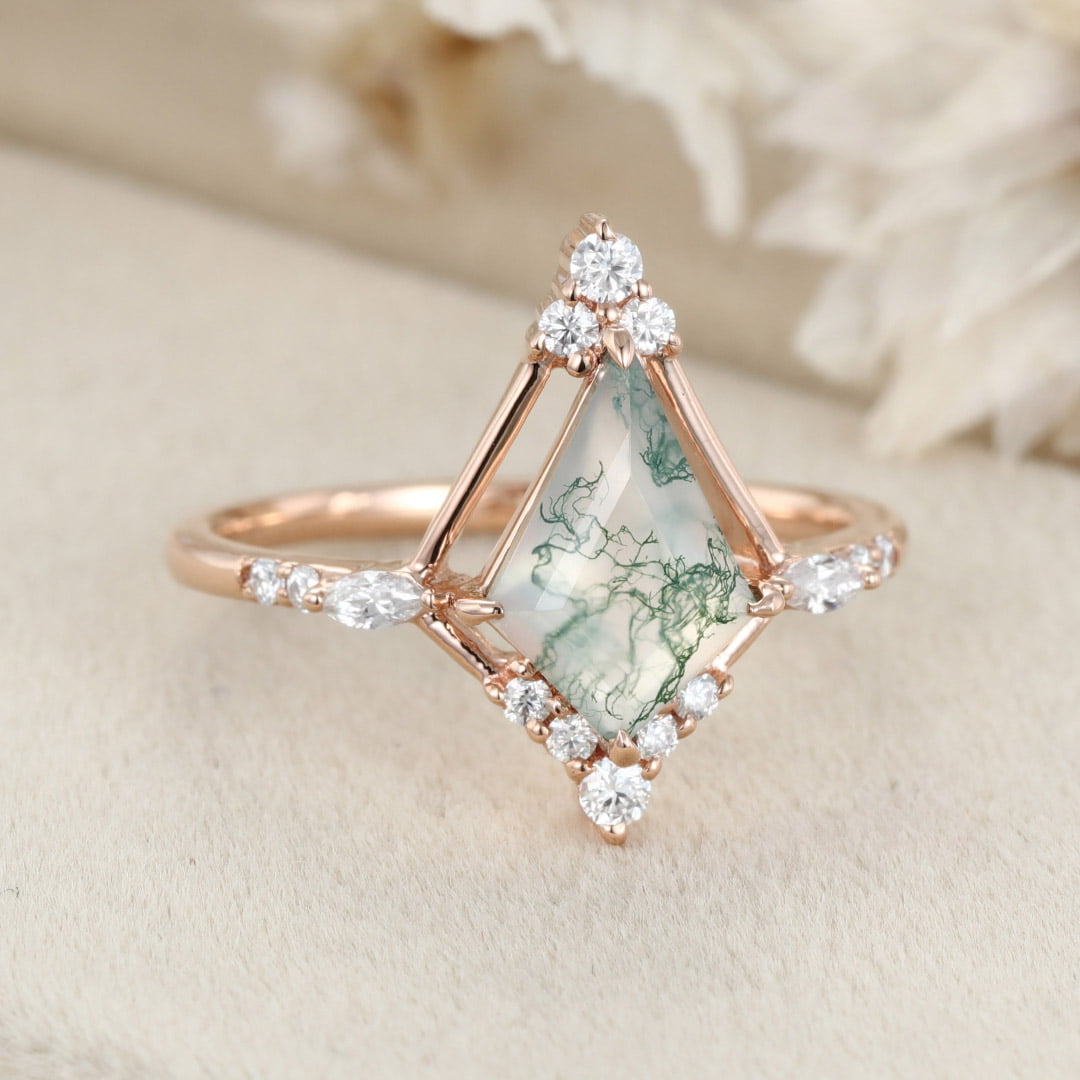 14K Rose Gold Ring Kite Cut Natural Moss Agate Engagement Ring Vintage Marquise Moissanite Ring Women's Anniversary ring for her