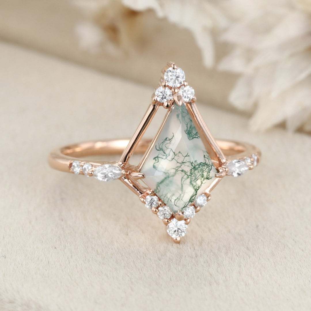 14K Rose Gold Ring Kite Cut Natural Moss Agate Engagement Ring Vintage Marquise Moissanite Ring Women's Anniversary ring for her