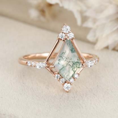 14K Rose Gold Ring Kite Cut Natural Moss Agate Engagement Ring Vintage Marquise Moissanite Ring Women's Anniversary ring for her