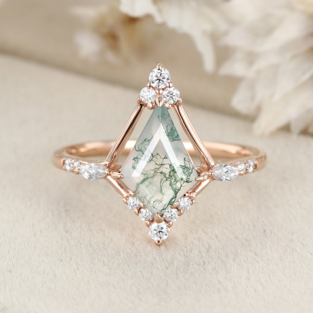 14K Rose Gold Ring Kite Cut Natural Moss Agate Engagement Ring Vintage Marquise Moissanite Ring Women's Anniversary ring for her