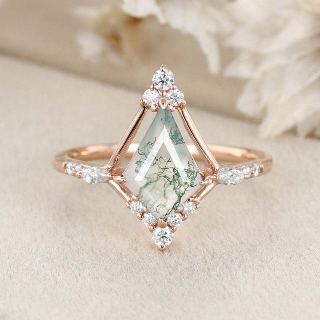 14K Rose Gold Ring Kite Cut Natural Moss Agate Engagement Ring Vintage Marquise Moissanite Ring Women's Anniversary ring for her