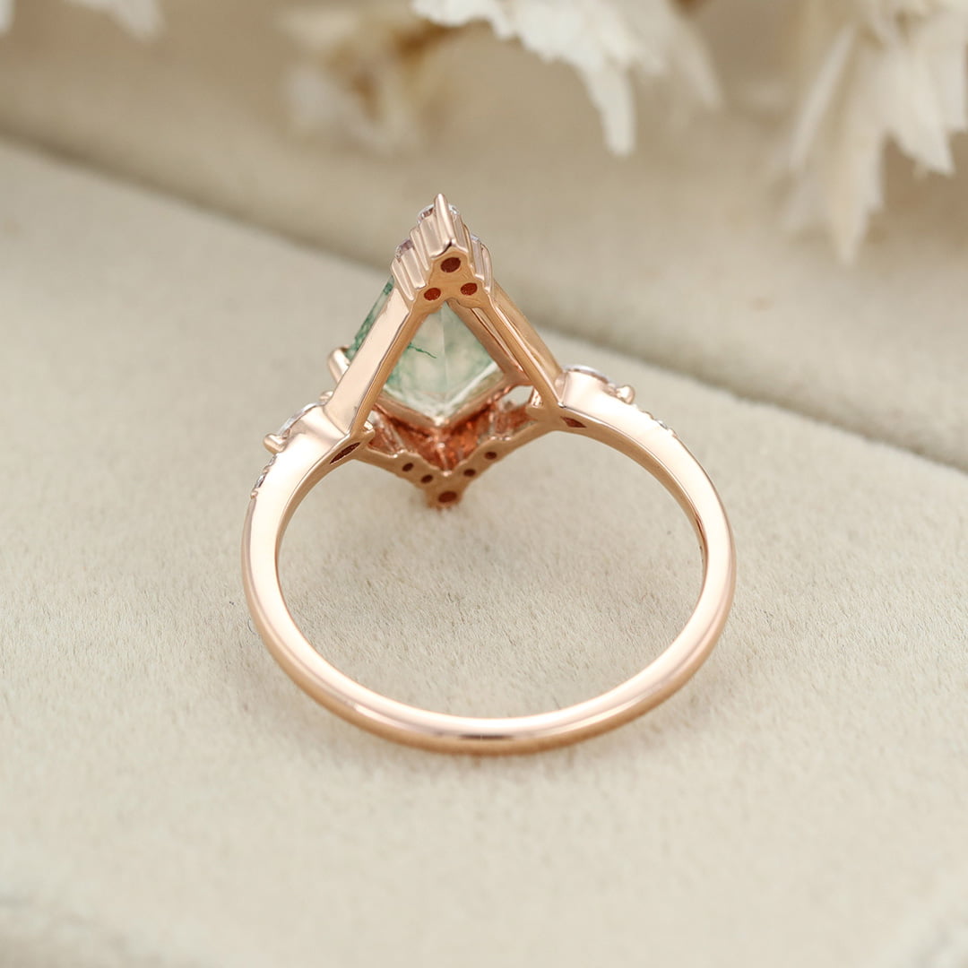 14K Rose Gold Ring Kite Cut Natural Moss Agate Engagement Ring Vintage Marquise Moissanite Ring Women's Anniversary ring for her