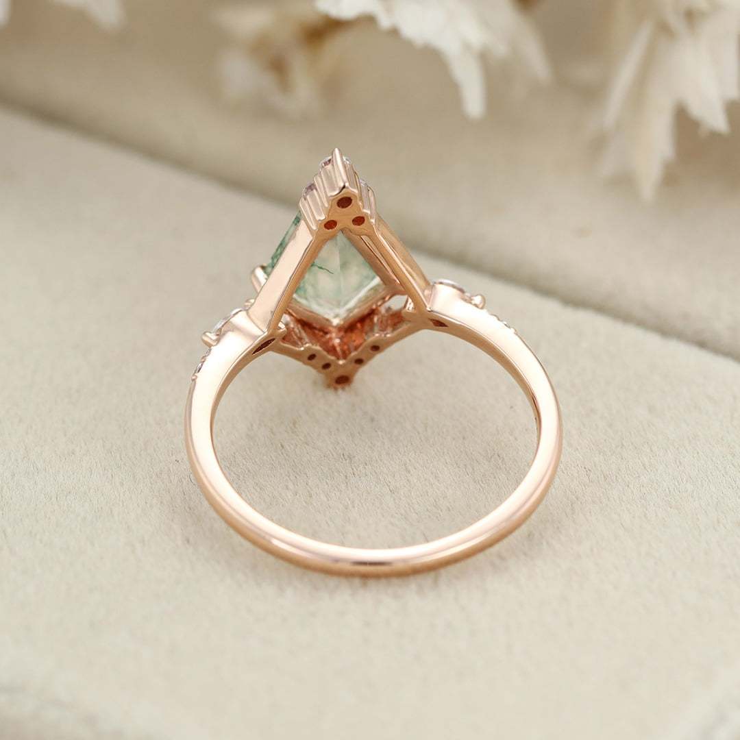14K Rose Gold Ring Kite Cut Natural Moss Agate Engagement Ring Vintage Marquise Moissanite Ring Women's Anniversary ring for her