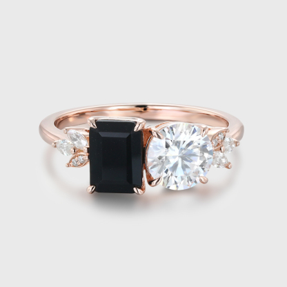 14K Rose Gold Toi Et Moi Emerald Cut Black Onyx & White Moissanite Engagement Ring – , Elegant Gift for Her