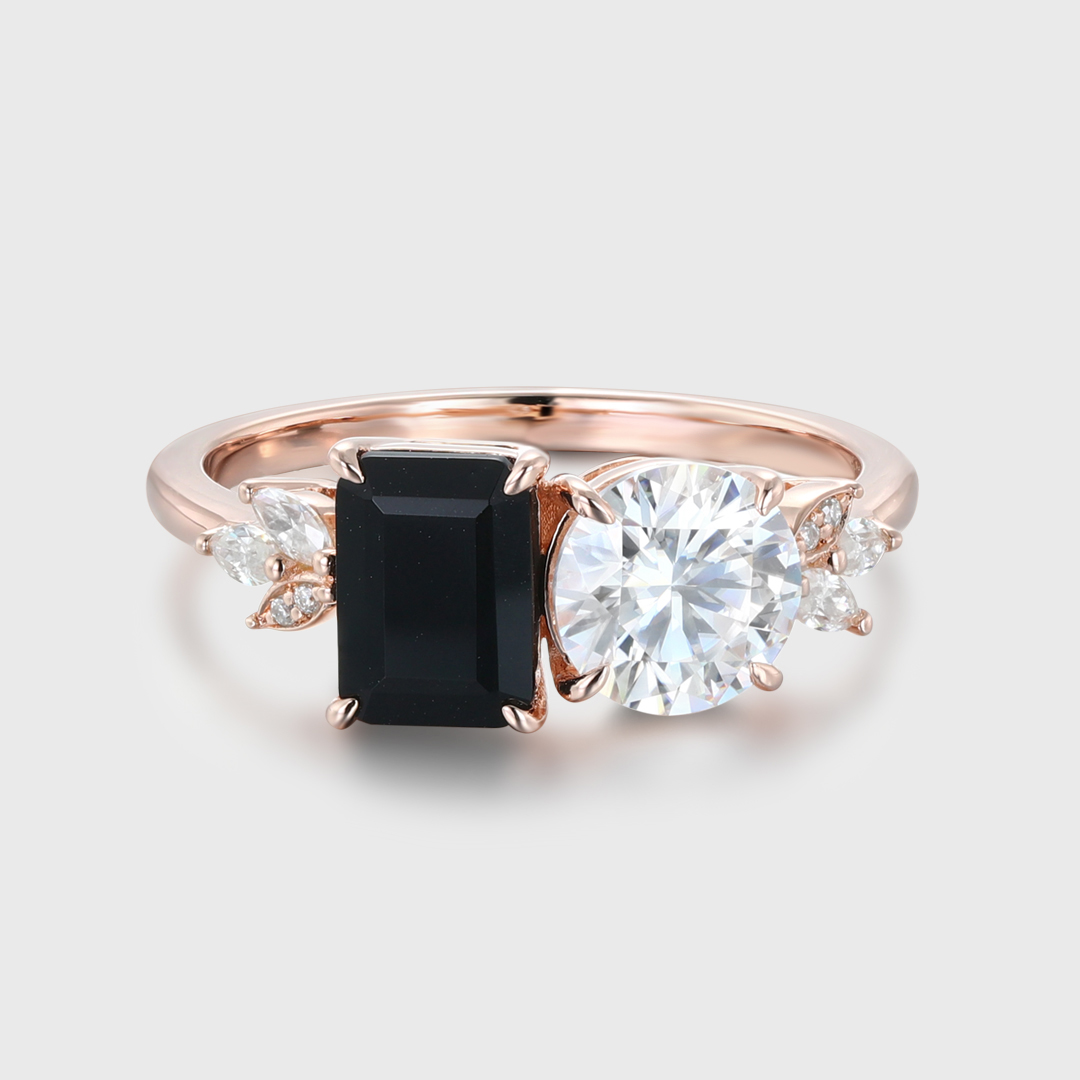 14K Rose Gold Toi Et Moi Emerald Cut Black Onyx & White Moissanite Engagement Ring – , Elegant Gift for Her