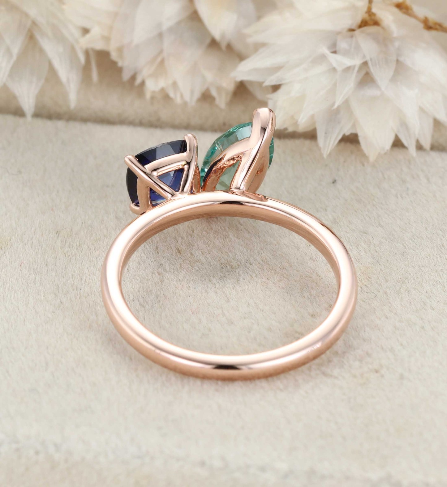 14K Rose Gold Toi Et Moi Ring Two Stone Ring Cushion Cut Lab Sapphire & Marquise Light Green Lab-Grown Sapphire Ring