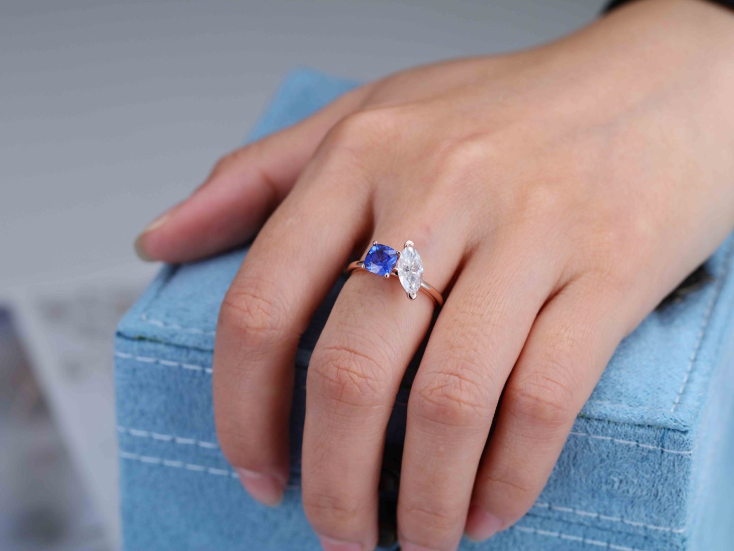 14K Rose Gold Toi Et Moi Ring Two Stone Ring Cushion Cut Lab Sapphire & Marquise Moissanite Ring
