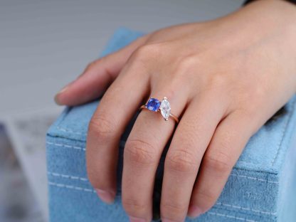 14K Rose Gold Toi Et Moi Ring Two Stone Ring Cushion Cut Lab Sapphire & Marquise Moissanite Ring