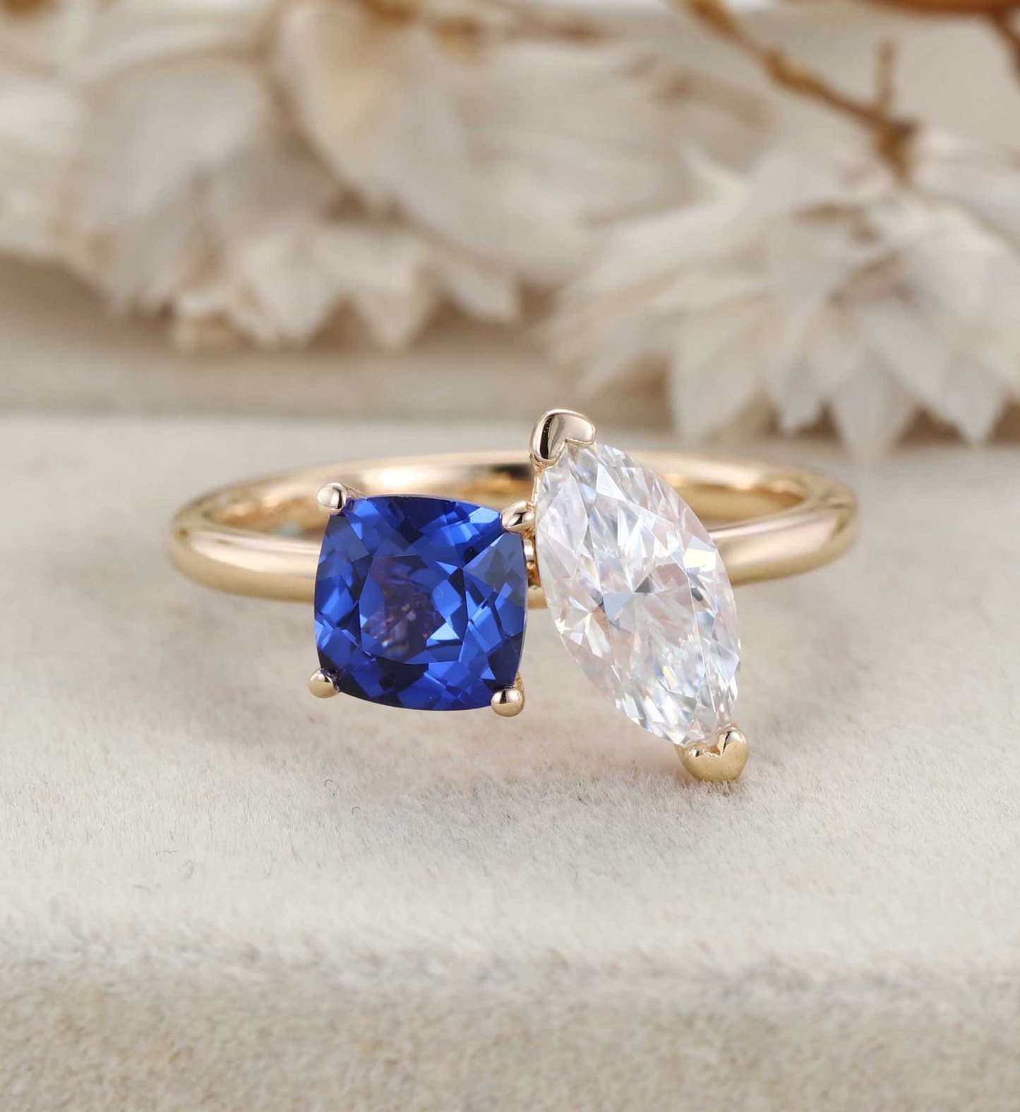 14K Rose Gold Toi Et Moi Ring Two Stone Ring Cushion Cut Lab Sapphire & Marquise Moissanite Ring