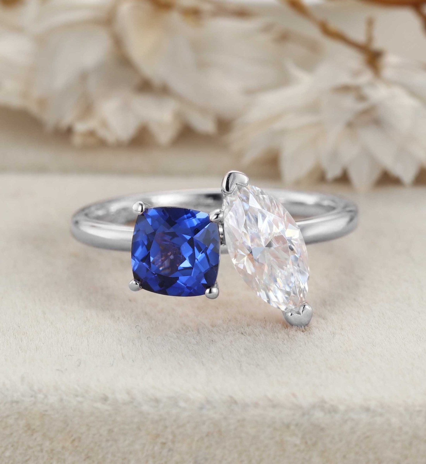 14K Rose Gold Toi Et Moi Ring Two Stone Ring Cushion Cut Lab Sapphire & Marquise Moissanite Ring
