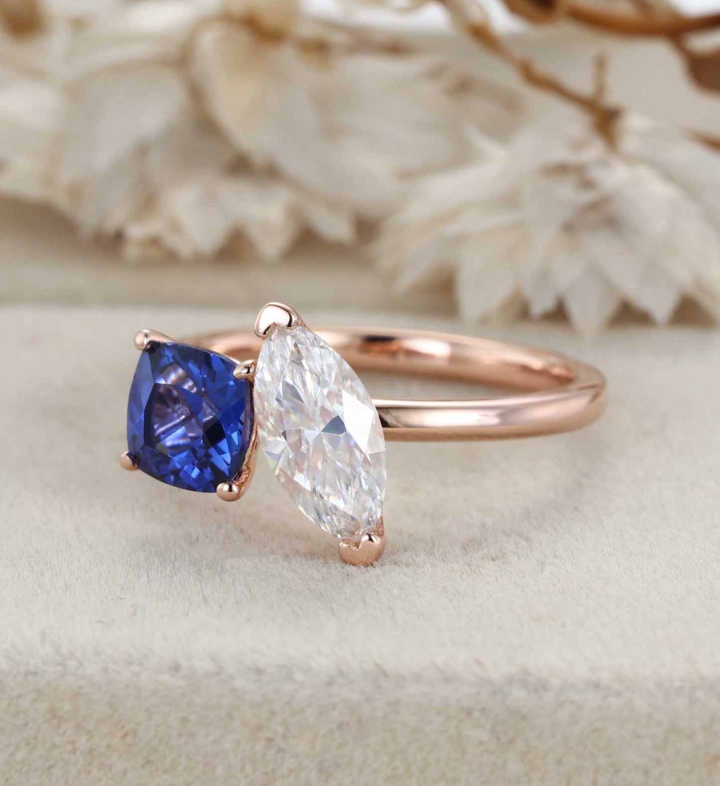14K Rose Gold Toi Et Moi Ring Two Stone Ring Cushion Cut Lab Sapphire & Marquise Moissanite Ring
