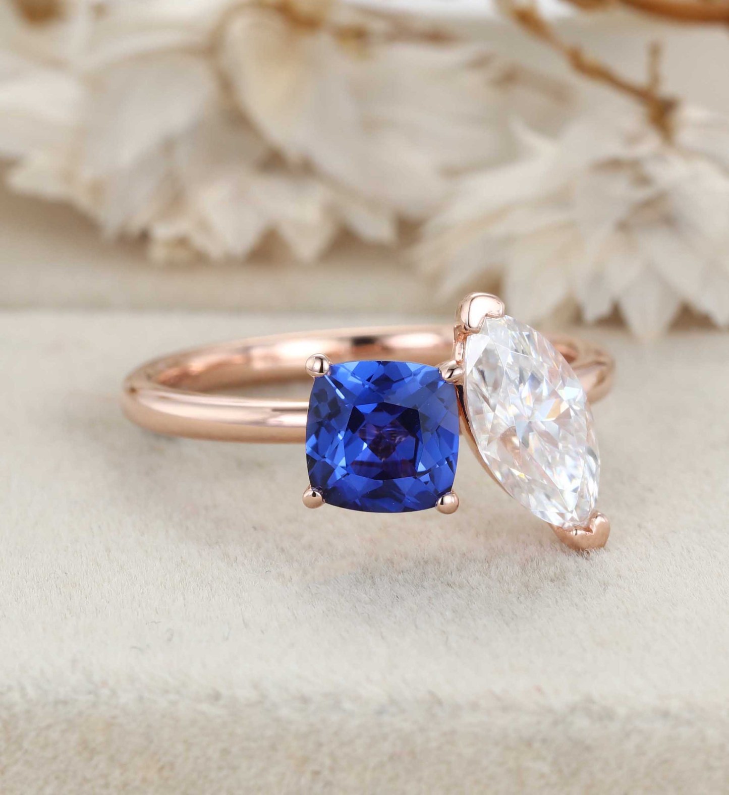 14K Rose Gold Toi Et Moi Ring Two Stone Ring Cushion Cut Lab Sapphire & Marquise Moissanite Ring