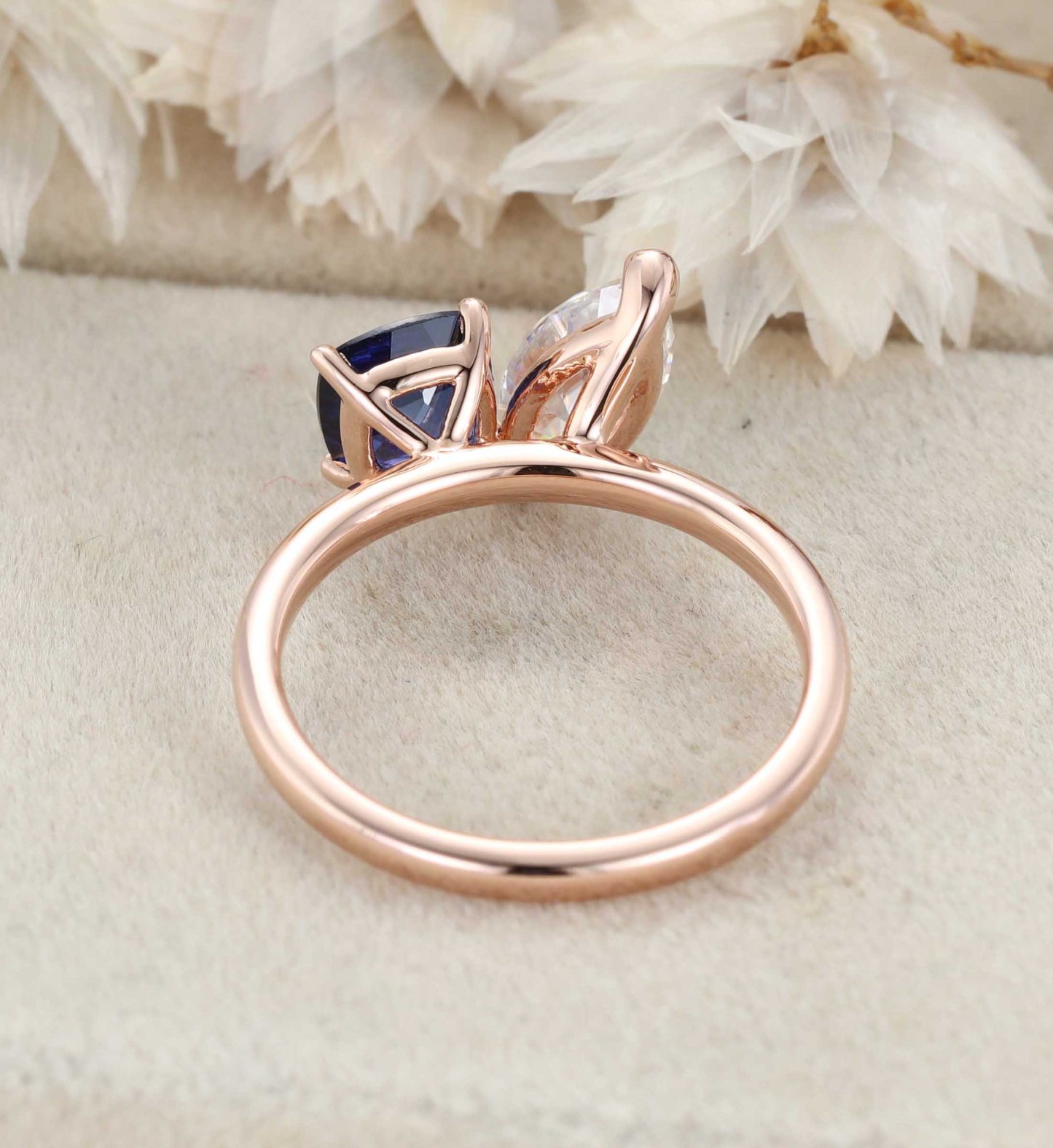 14K Rose Gold Toi Et Moi Ring Two Stone Ring Cushion Cut Lab Sapphire & Marquise Moissanite Ring