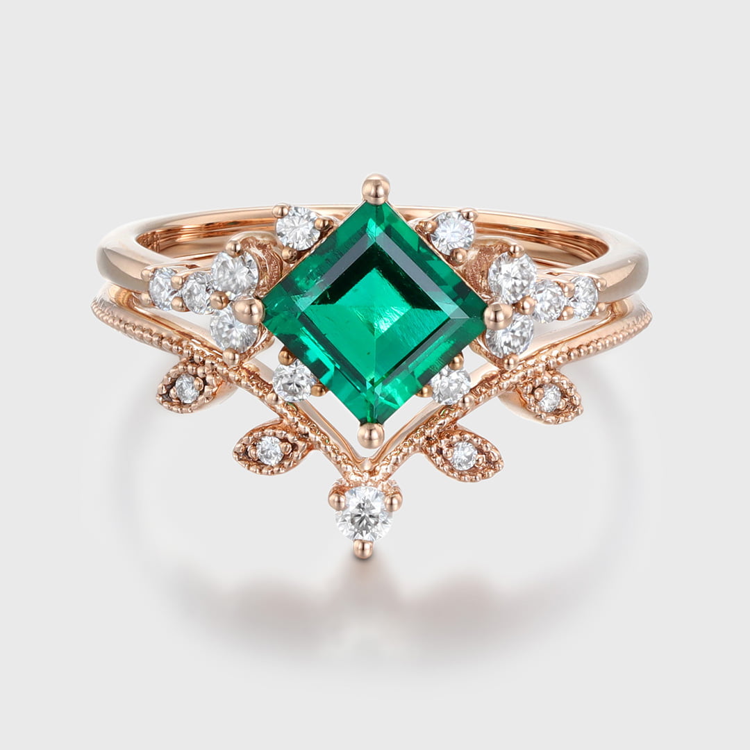 14K Solid Gold Leaf Branch Wedding Ring 1 Carat Princess Cut Lab-Grown Emerald Engagement Ring Set