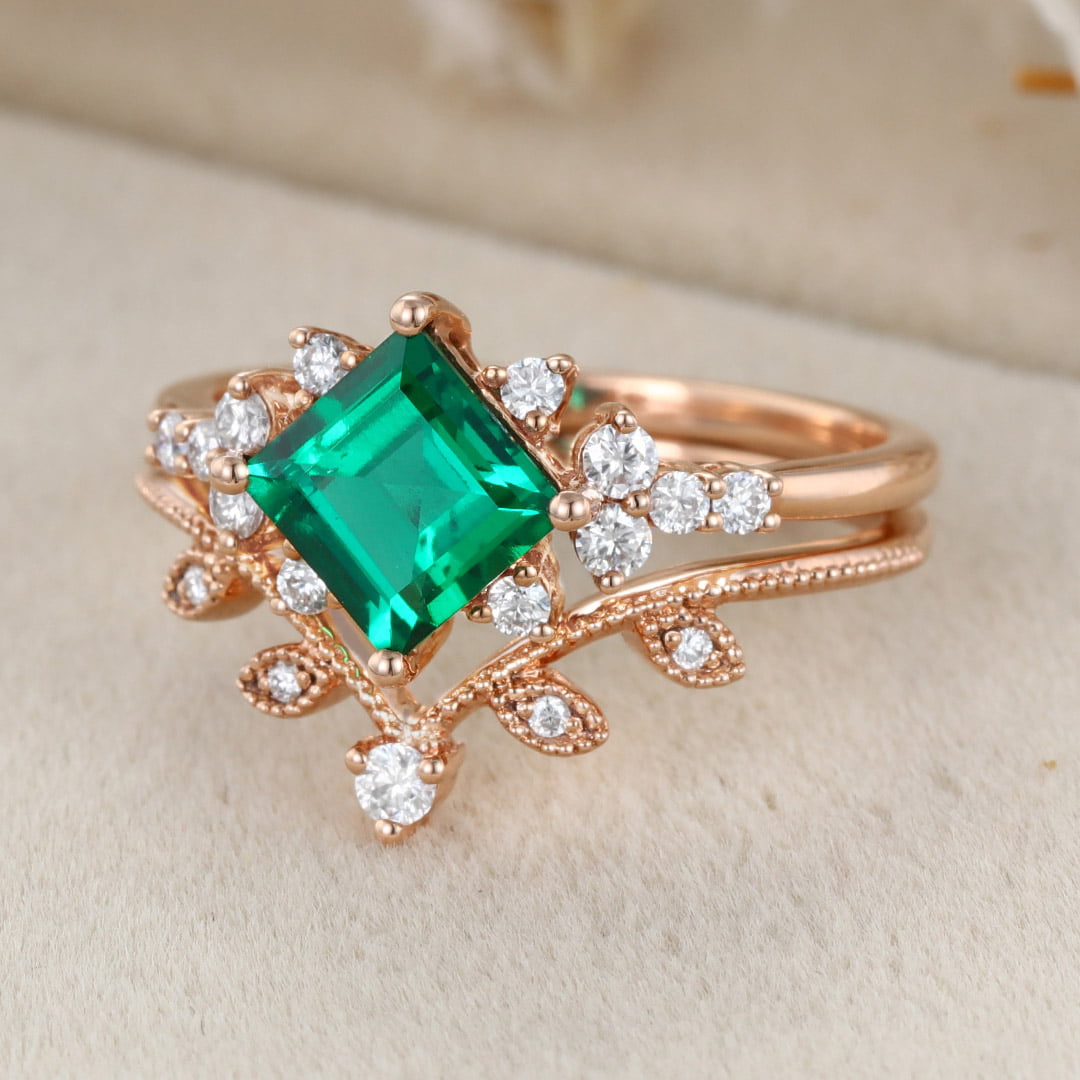 14K Solid Gold Leaf Branch Wedding Ring 1 Carat Princess Cut Lab-Grown Emerald Engagement Ring Set