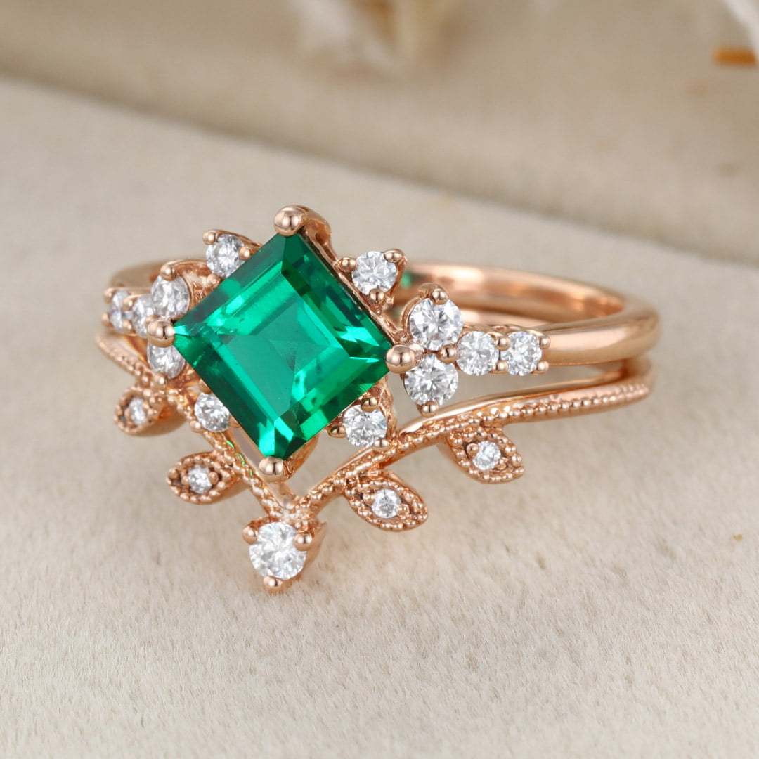 14K Solid Gold Leaf Branch Wedding Ring 1 Carat Princess Cut Lab-Grown Emerald Engagement Ring Set