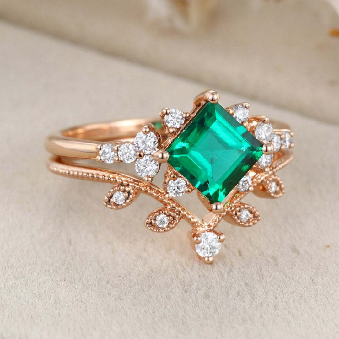 14K Solid Gold Leaf Branch Wedding Ring 1 Carat Princess Cut Lab-Grown Emerald Engagement Ring Set