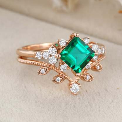 14K Solid Gold Leaf Branch Wedding Ring 1 Carat Princess Cut Lab-Grown Emerald Engagement Ring Set