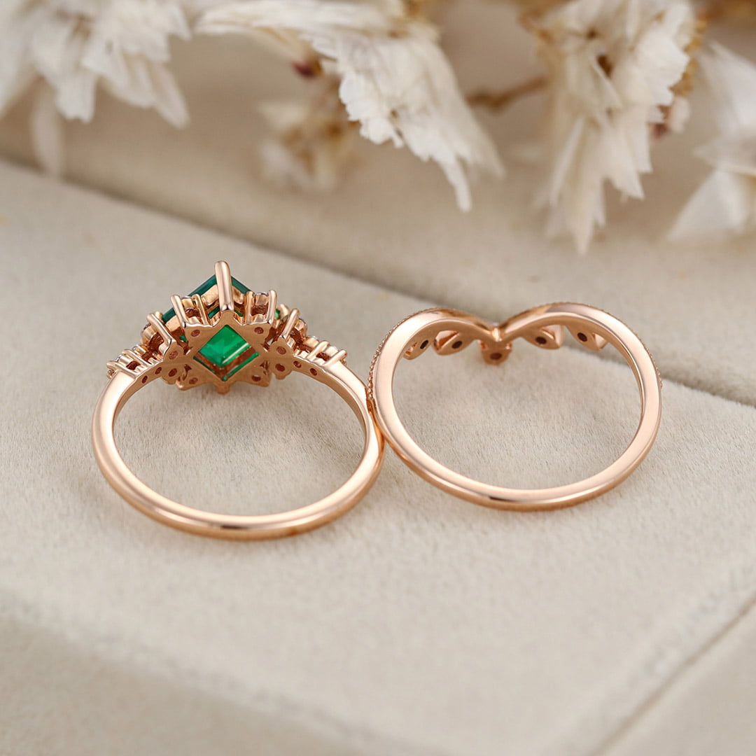 14K Solid Gold Leaf Branch Wedding Ring 1 Carat Princess Cut Lab-Grown Emerald Engagement Ring Set